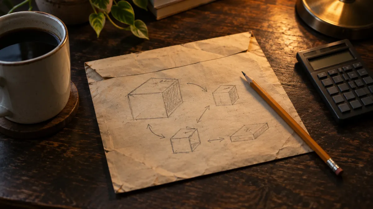 A worn paper envelope with pencil sketches of boxes and arrows on a dark desk beside a calculator