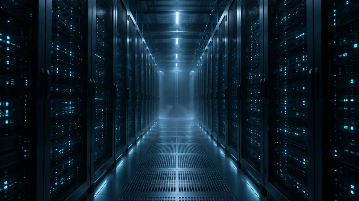 A dark data centre aisle with rows of server racks and glowing cyan status lights