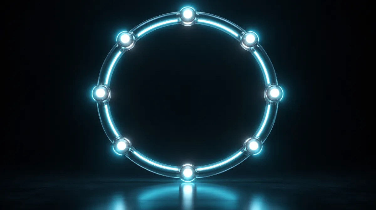 Abstract ring of glowing nodes representing a consistent hashing ring