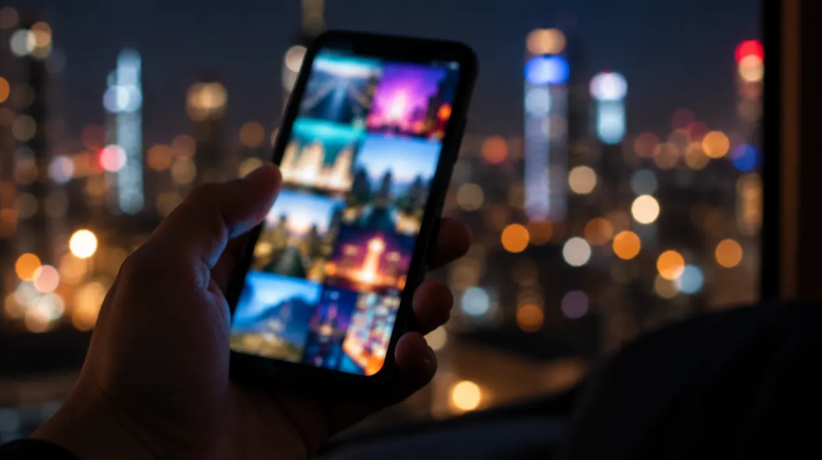 A hand holding a smartphone showing a blurred stream of colourful image tiles in a dark room