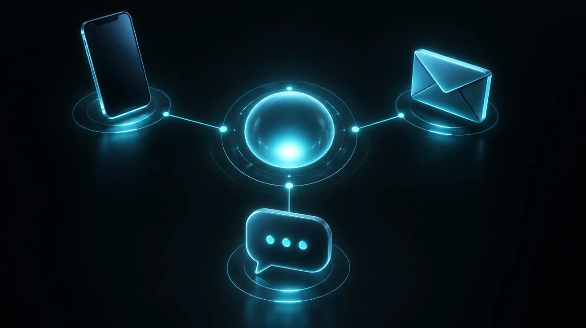 Phone, email and message icons connected to a central notification service