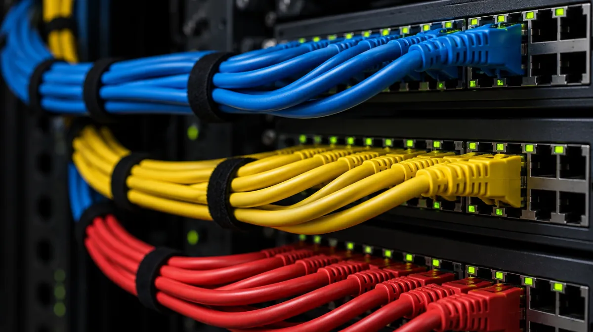 A network patch panel with neatly bundled blue, yellow and red cables plugged into rows of ports
