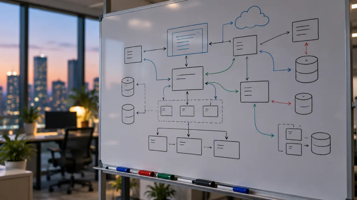 A whiteboard covered with hand-drawn boxes and arrows of a software architecture
